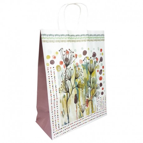 12 grands sacs en papier kraft à fleurs soufflet aubergine 25.5x12x33cm - 9008