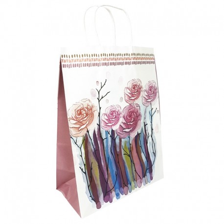 12 grands sacs en papier kraft à fleurs soufflet violet prune 25.5x12x33cm - 9009