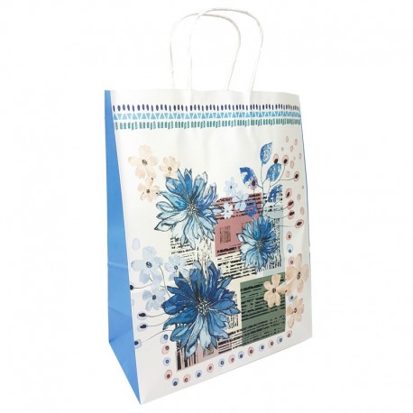 12 grands sacs en papier kraft à fleurs soufflet bleu 25.5x12x33cm - 9011