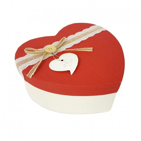 Petite boîte cadeaux en forme de coeur écrue et rouge 13x16x6cm - 9041p