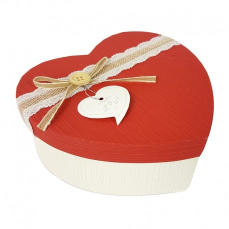 Grande boîte cadeaux en forme de coeur écrue et rouge 18x21x9cm - 9043g