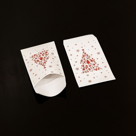 100 pochettes cadeaux 7x13cm motif sapin de Noël rouge - 8096