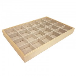 Plateau gemmologie à petits casiers en bois et coton beige - 9068