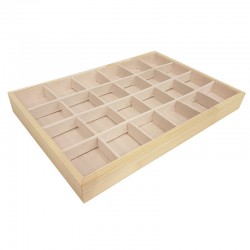 Plateau gemmologie à petits casiers en bois et tissu beige rosé - 9070
