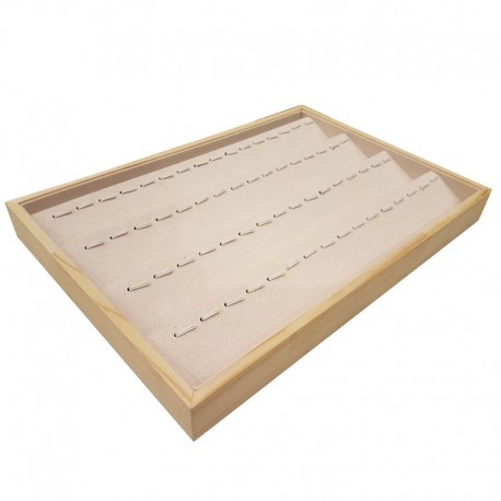Plateau de présentation pour pendentifs en bois et tissu aspect suédine beige - 18015