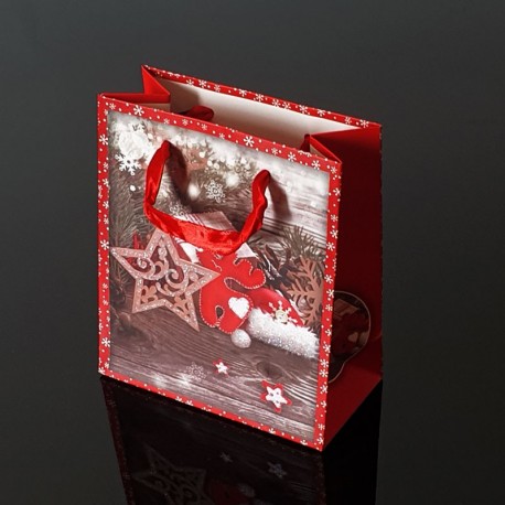 Lot de 12 sacs cadeaux de Noël rouges décor étoile et renne 17.5x8.5x24cm - 9120