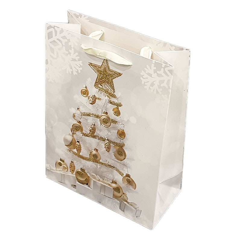 Grand sac cadeaux blanc et doré, poche cadeaux boule de Noël dorée