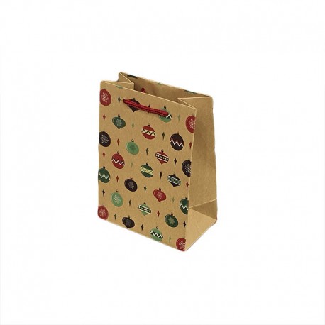 12 petits sacs en papier kraft motif boules de Noël 12x7x16cm - 9293