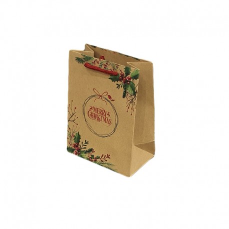 12 sacs cabas en papier kraft brun inscription Merry Christmas et houx 15x7x20cm - 9298