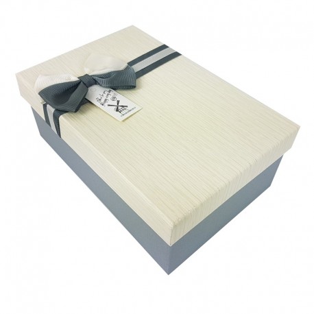 Boîte cadeaux gris clair et blanc cassé avec noeud ruban 22x15x9cm - 9339g
