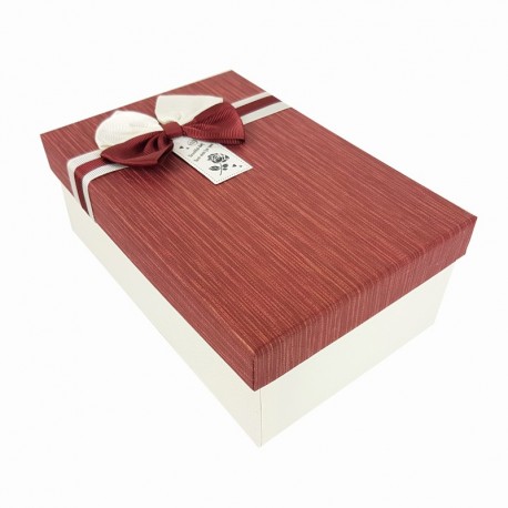 Boîte cadeaux écrue et rouge bordeaux avec noeud ruban 22x15x9cm - 9348g