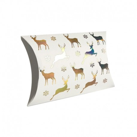12 boîtes cadeaux berlingot blanches motifs rennes de Noël 10x14x3cm - 9355