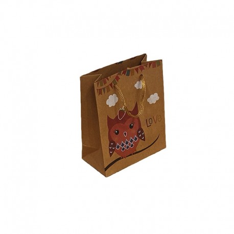 12 petits sacs en papier kraft brun naturel motif hibou rose 11.5x5.5x14cm - 9539