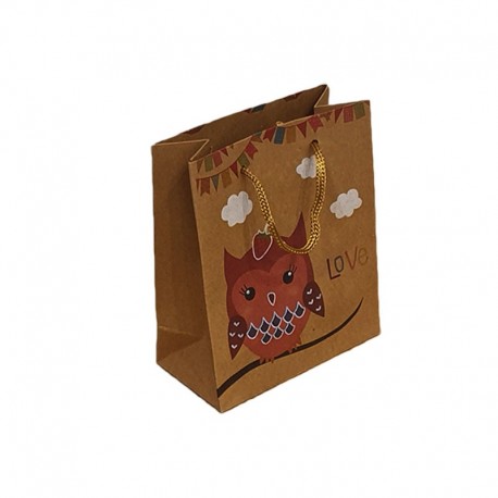12 sacs cabas kraft de couleur brun motifs hibou rose et nuages 19x8x24.5cm - 9547