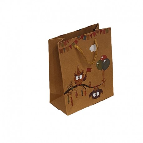 12 sacs cabas kraft de couleur brun motifs hiboux et ballons 19x8x24.5cm - 9548
