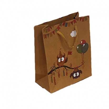 12 poches cadeaux kraft brun motif hiboux et ballons 24x8x33cm - 9552