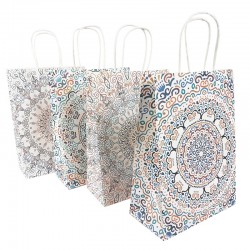 Lot de 12 grands sacs en papier kraft décor mandalas 25.5x12x33cm - 9566