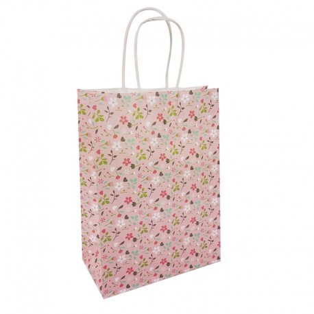 12 grands sacs en papier kraft à fleurs sur fond rose tendre 25.5x12x33cm - 14082