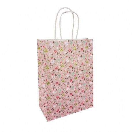 12 petits sacs en papier kraft à fleurs sur fond rose tendre 15x8x21cm - 14080