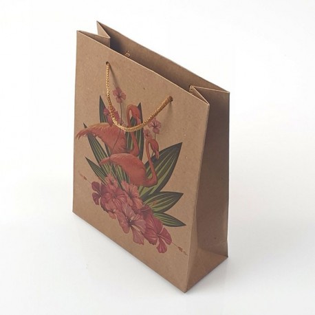 12 grandes poches en papier kraft motif flamants roses et fleurs 31.5x9.5x42cm - 9682