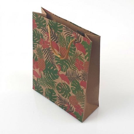 12 grandes poches en papier kraft décor flamants roses et feuilles 31.5x9.5x42cm - 9683