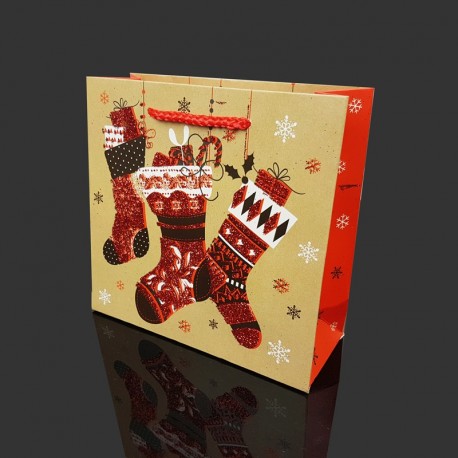 12 petits sacs cadeaux pailletés motif chaussettes de Noël 15x6x14.5cm - 9704