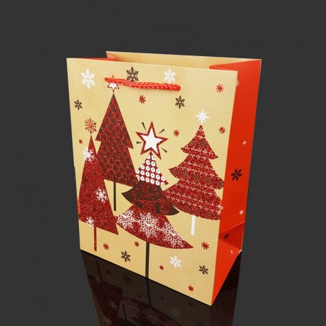 Lot de 12 sacs cadeaux pailletés motif sapins de Noël 26x12x32cm - 9713
