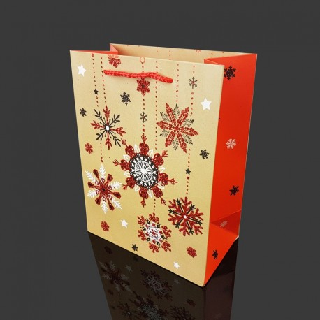 Lot de 12 sacs cadeaux pailletés motif flocons de Noël 26x12x32cm - 9715