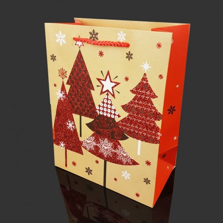 Lot de 12 poches cadeaux pailletées motif sapins de Noël 31x12x44cm - 9717