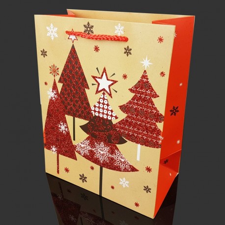6 grandes poches cadeaux pailletées motif sapins de Noël 40x15x55cm - 9721