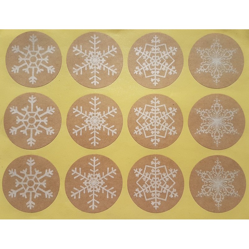Étiquette adhésive flocon de Noël blanc, étiquette cadeaux kraft brun