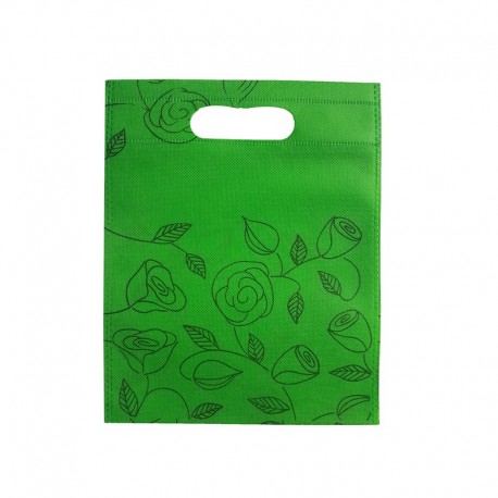12 petits sacs non-tissés verts motif de roses 19x24cm - 9752