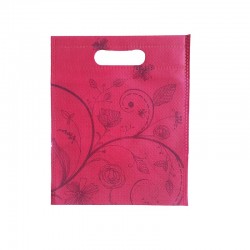 12 petits sacs non-tissés rose foncé motif de fleurs 19x24cm - 15107
