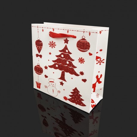 12 petits sacs cadeaux rouge et blanc motif sapin de Noël pailleté 15x6x14.5cm - 9764