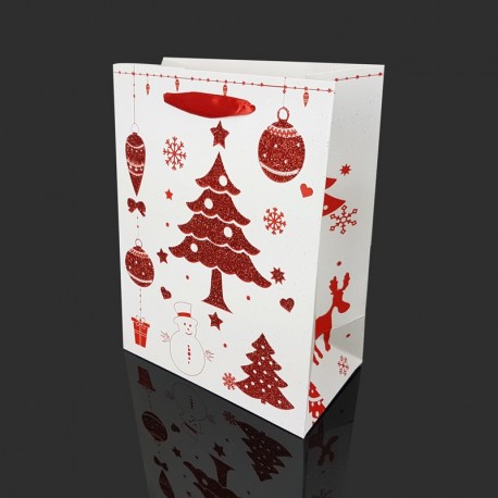 Lot de 12 sacs cadeaux blancs motif sapin de Noël rouge 26x12x32cm - 9772