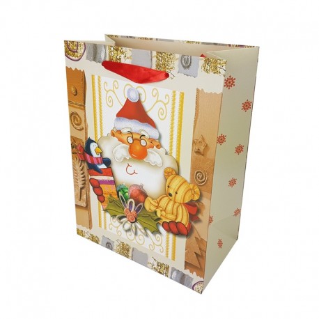 Lot de 12 sacs cadeaux écrus motif Père Noël et Ourson 26x12x32cm - 9784