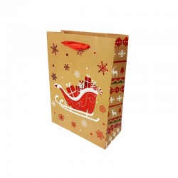 12 petits sacs cadeaux beige naturel motif traineau de Noël rouge 12x7x15.5cm - 9787