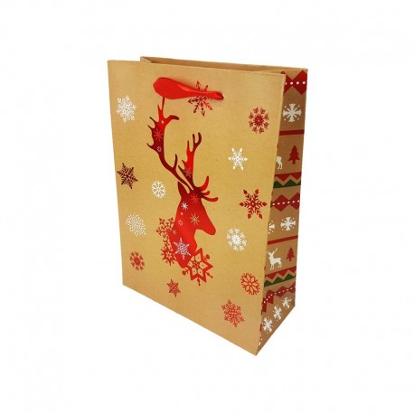 12 petits sacs cadeaux beige naturel motif renne de Noël rouge 12x7x15.5cm - 9786