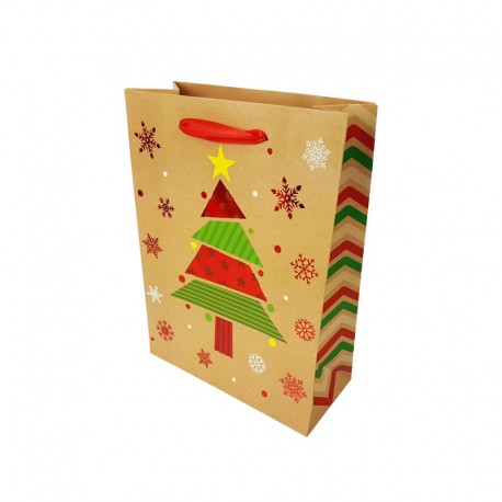 12 petits sacs cadeaux beige naturel motif sapin de Noël rouge 12x7x15.5cm - 9788