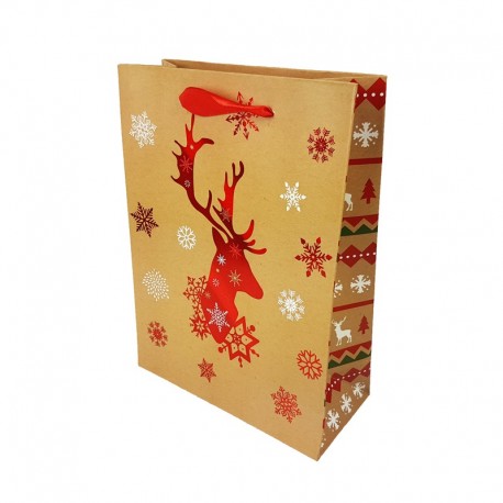 12 sacs cadeaux motif renne de Noël rouge brillant 18x8x24cm - 9790