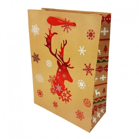 Lot de 12 sacs cadeaux motif renne de Noël rouge brillant 26x12x32cm - 9794