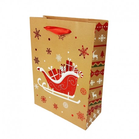 Lot de 12 sacs cadeaux motif traineau de Noël rouge brillant 26x12x32cm - 9795