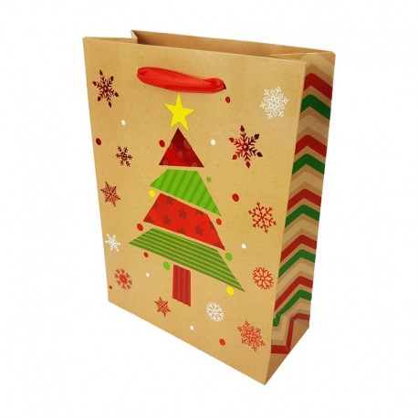 Lot de 12 sacs cadeaux motif sapin de Noël rouge brillant 26x12x32cm - 9796