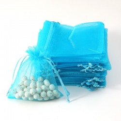100 petites bourses cadeaux en organza de couleur bleu turquoise 5x5cm
