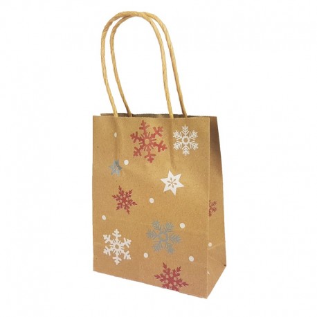 Lot de 12 sacs kraft brun motif flocons et étoiles de Noël 16x7.5x22cm - 9832