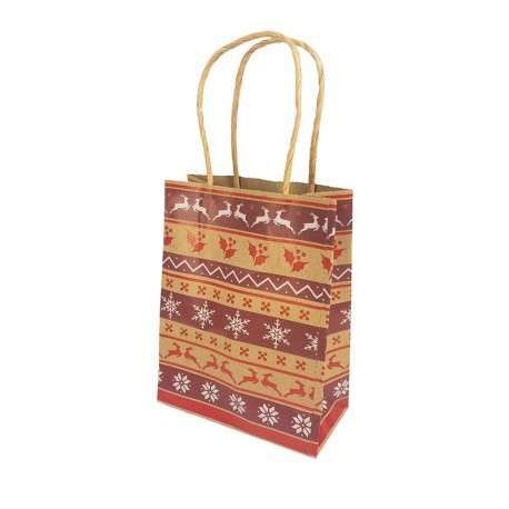 12 petits sacs kraft brun motif Rennes de Noël et flocons 12x6x14.5cm - 9827