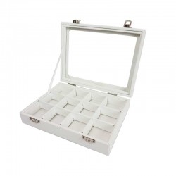 Petite mallette vitrée 12 petits casiers en simili cuir blanc - 17062