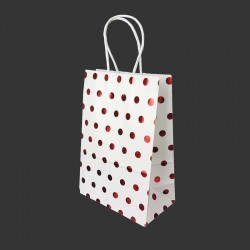 12 petits sacs cadeaux papier kraft blanc à pois rouge brillant 15x8x21cm - 14131