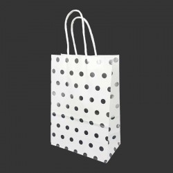 12 petits sacs cadeaux papier kraft blanc à pois argenté brillant 15x8x21cm - 14134