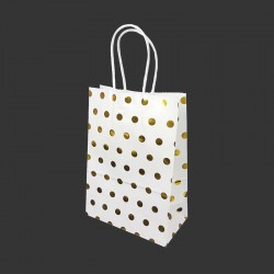 12 petits sacs cadeaux papier kraft blanc à pois doré brillant 15x8x21cm - 14137